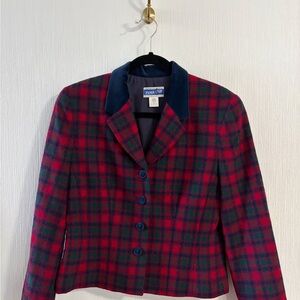 Vintage Pendleton Red Plaid Wool Blazer with Navy Velvet Collar